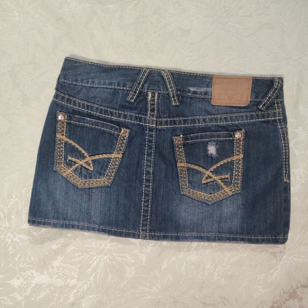 Vintage Y2K Amethyst Denim Mini Skirt Lowrise Distressed Blue Jean Size 7